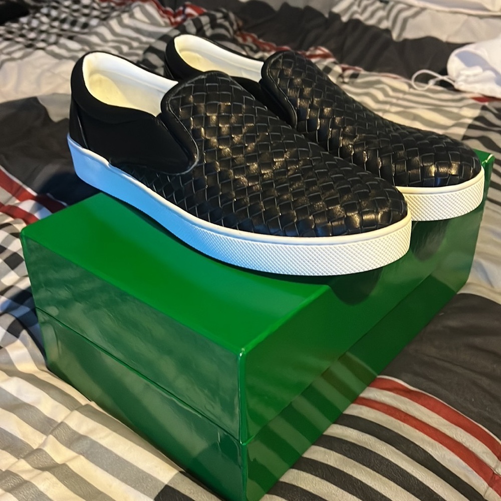 Bottega Venetta woven black mens slip on low top sneakers